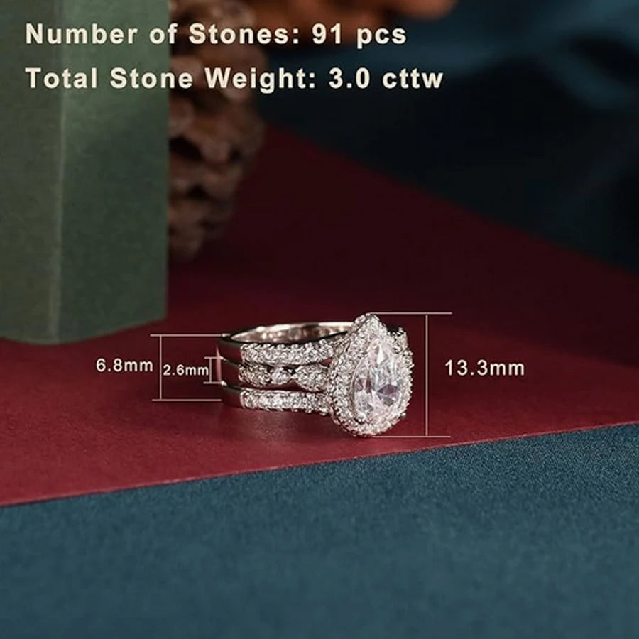 2 Pieces 925 Sterling Silver Engagement Ring Enhancer Wedding Band for Women Pear Cut AAAAA Zircon Jewelry Size 4-13