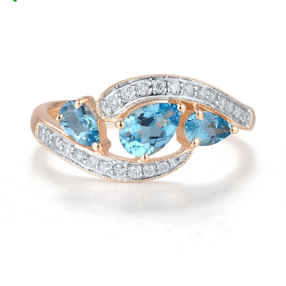 Genuine 14K 585 Rose Gold Ring For Women Sparkling Diamond Blue Topaz Engagement Wedding Delicated Grand Fine Jewelry