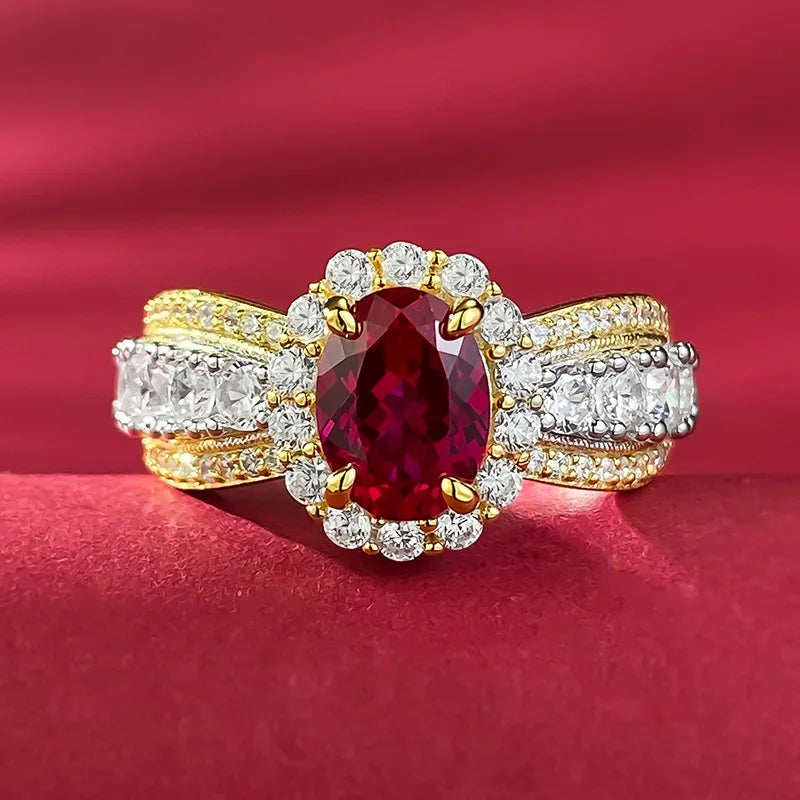 6x8MM Ruby Full Diamond Ring S925 Pure Silver Jewelry Wedding Engagement Party Anniversary Birthday Gift
