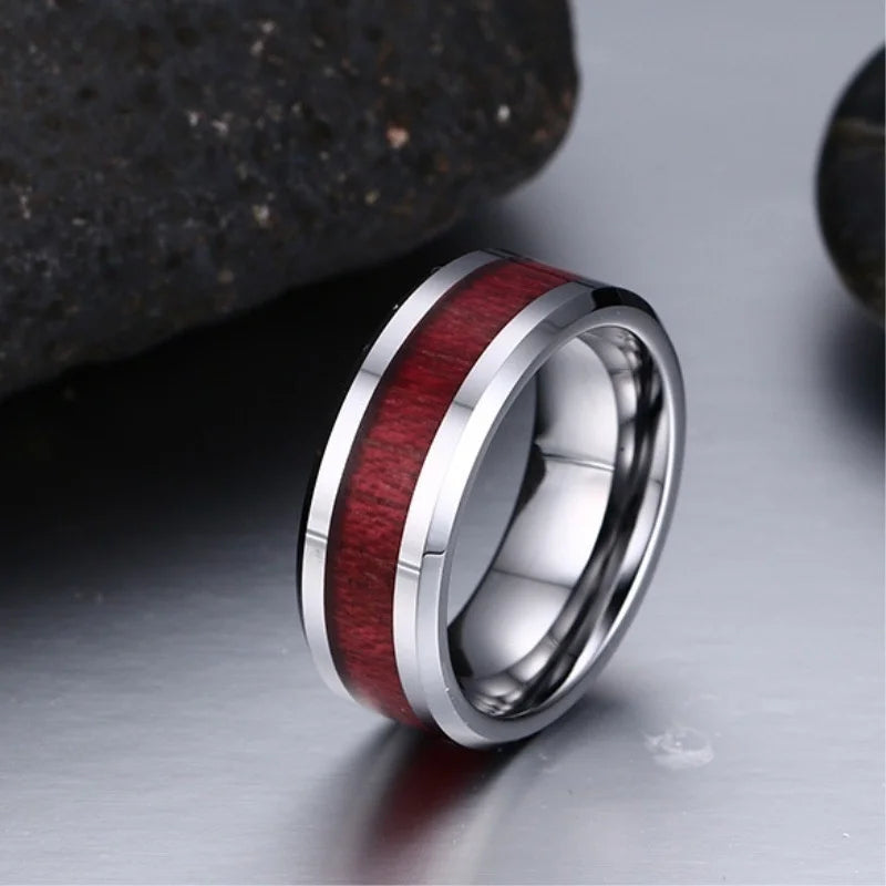 Fashion Couple Rings Women Heart White Crystal CZ Rings Set Red Wood Inlay Men's Stainless Steel Ring Wedding Band Jewelry Gift