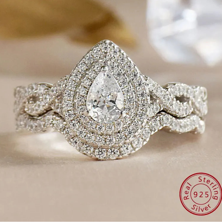 Infinity Engagement Ring Wedding Band for Women 925 Sterling Silver Bridal Rings Set Halo Pear Cut AAAAA Cubic Zircon