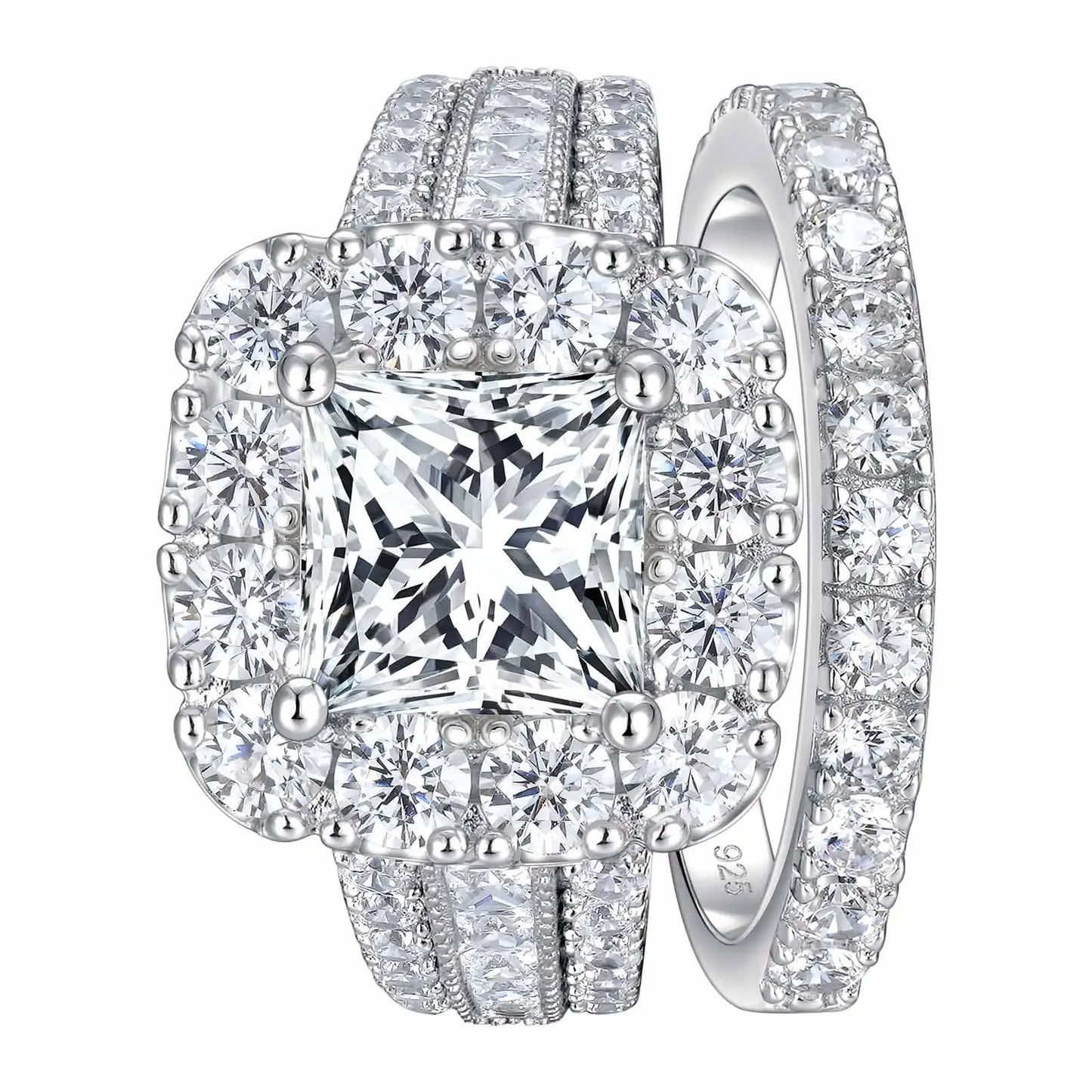 Newshe 2Pcs 925 Silver Wedding Rings Set for Women Halo Princess Cut White Cubic Zircon Vintage Luxury Jewelry Engagement Ring
