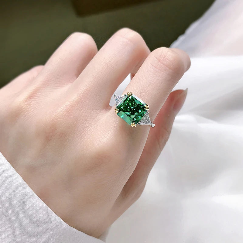 Square Emerald Diamond Ring 100%-S925 Silver Jewelry Wedding Cocktail Party Woman Gift