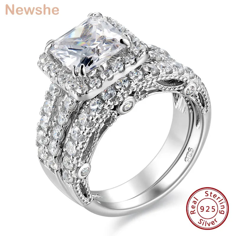 Vintage Wedding Rings for Women Solid 925 Sterling Silver 4Ct Princess Cut 5A Cubic Zircon 2Pcs Bridal Set Fine Jewelry