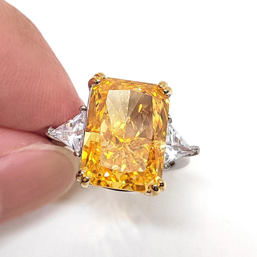 Luxury 10x14MM Rectangular Yellow High Carbon Diamond Ring Women 10ct Ice Cut Ring Wedding Jewelry 100% S925 Silver Gold-Plated