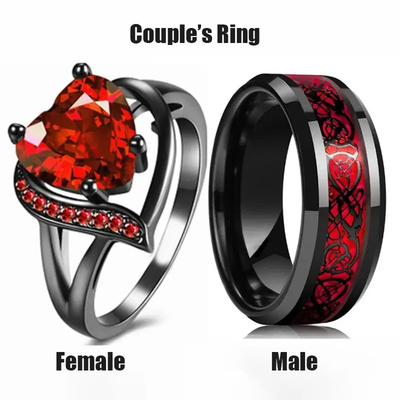 Couple Rings Romantic Women Heart Red Rhinestones Zircon Ring Men Stainless Steel Celtic Dragon Rings Wedding Jewelry