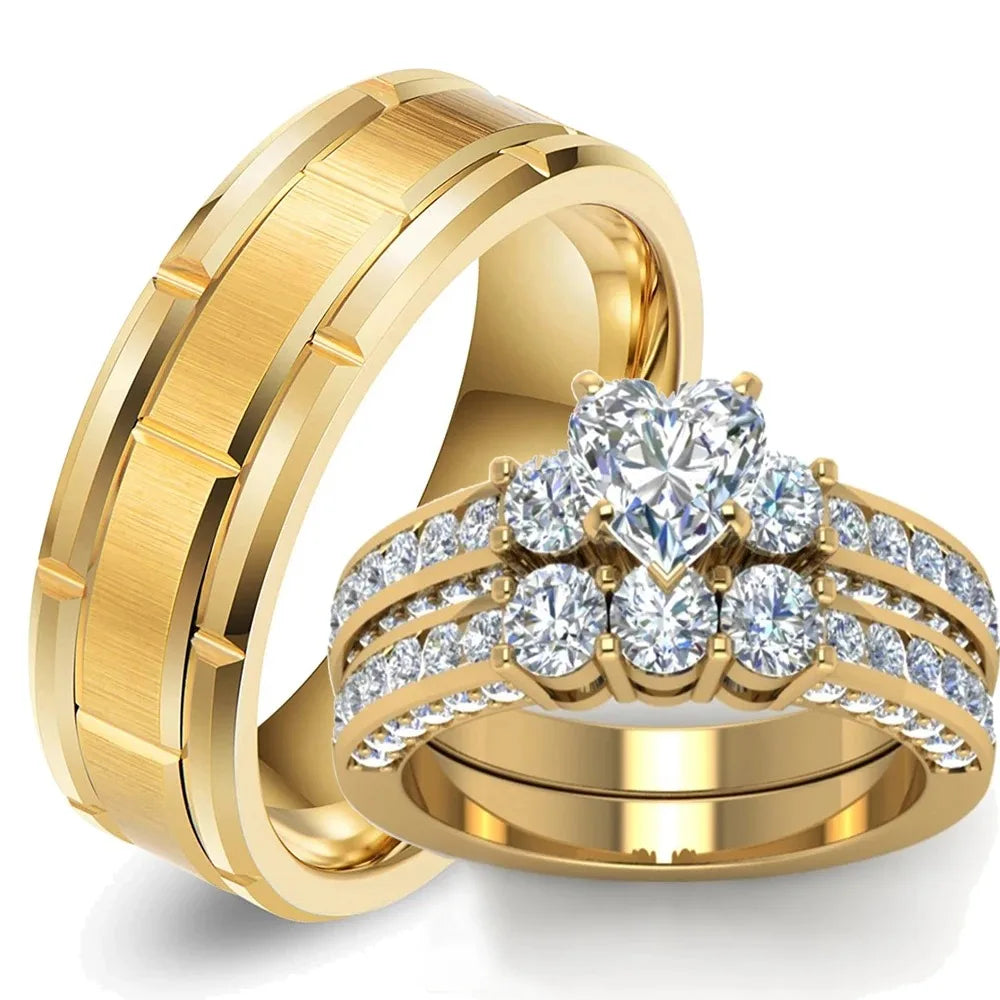 Fashion Couple Rings Luxury Gold Color Women Heart Zircon Wedding Rings Set Men Titanium Steel Ring Wedding Band Jewelry Gifts