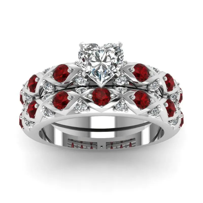 Fashion Couple Rings Women Heart White Crystal CZ Rings Set Men's Red Wood Inlay Stainless Steel Ring Wedding Band Jewelry Gifts