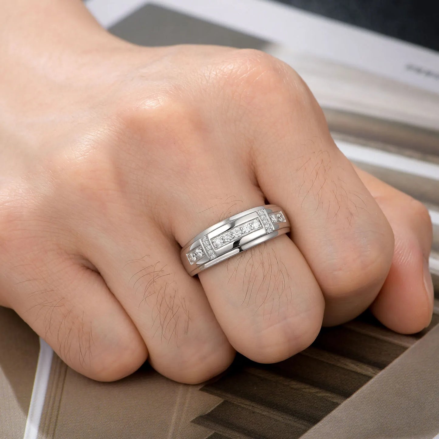 Elegant Mens Wedding Band 925 Sterling Silver Moissanite Rings for Him Half Eternity Round Engagement Ring