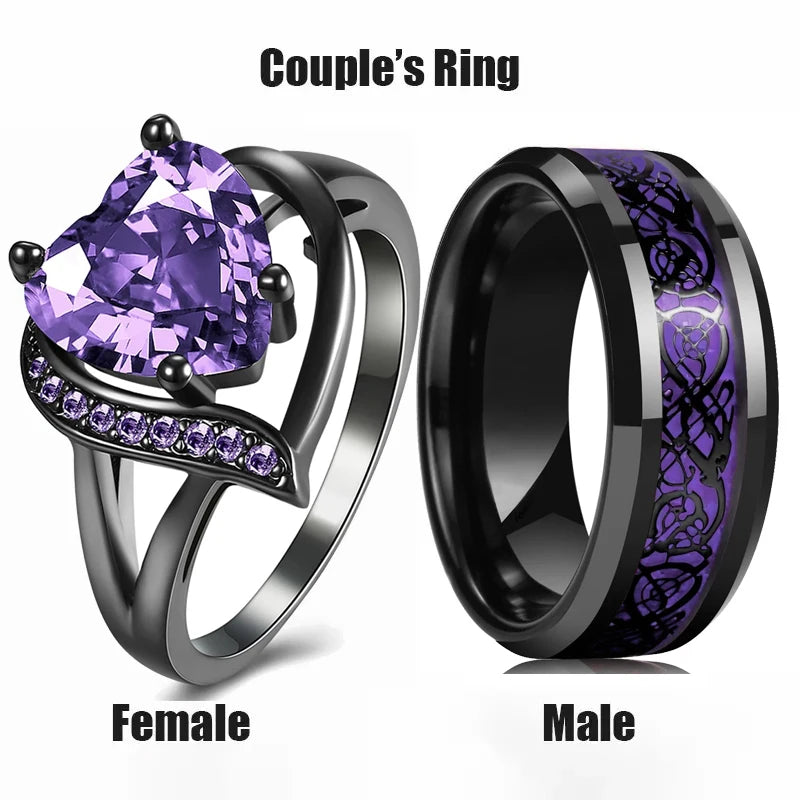 Fashion Couple Rings Romantic Women Heart Purple Rhinestones Zircon Ring Men Stainless Steel Celtic Dragon Ring Wedding Jewelry
