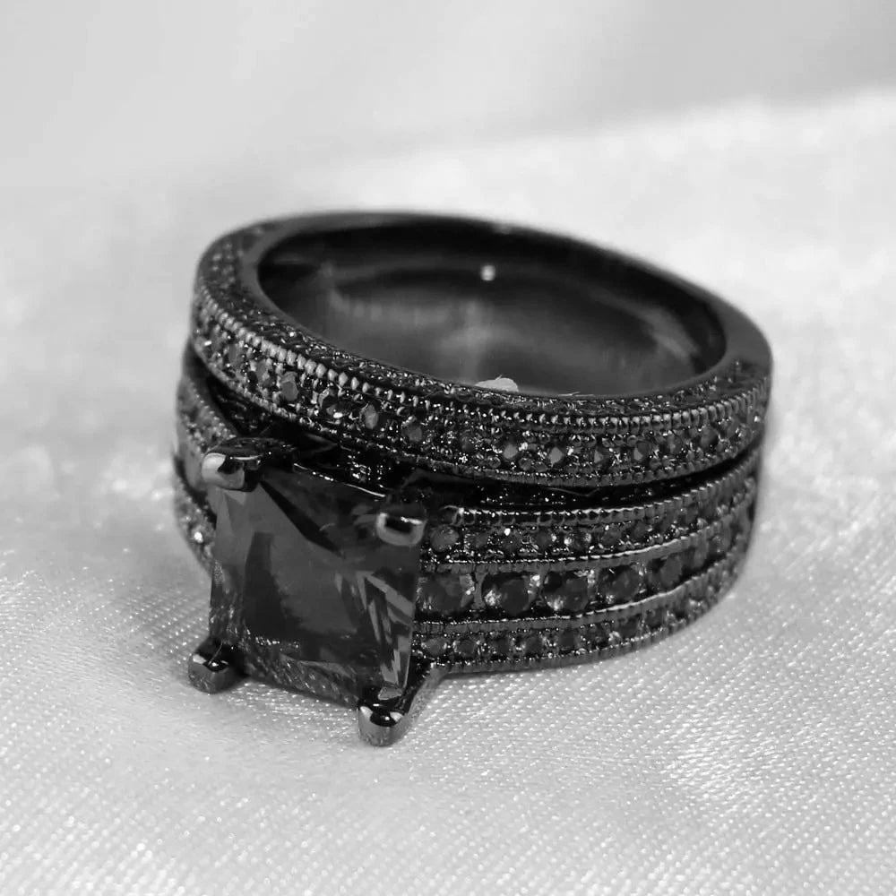 Couple Rings Romantic Women Black Rhinestones CZ Rings Set Trendy Men Stainless Steel Ring Wedding Band Jewelry Gifts