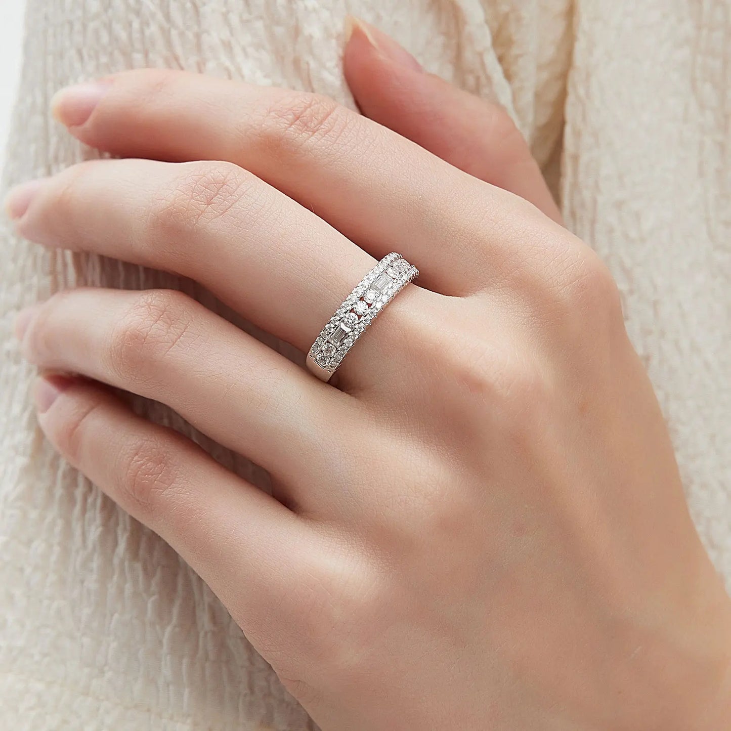 Moissanite Wedding Bands for Women Wide 925 Sterling Silver Promise Engagement Rings Round Emerald Cut Simulated Diamond