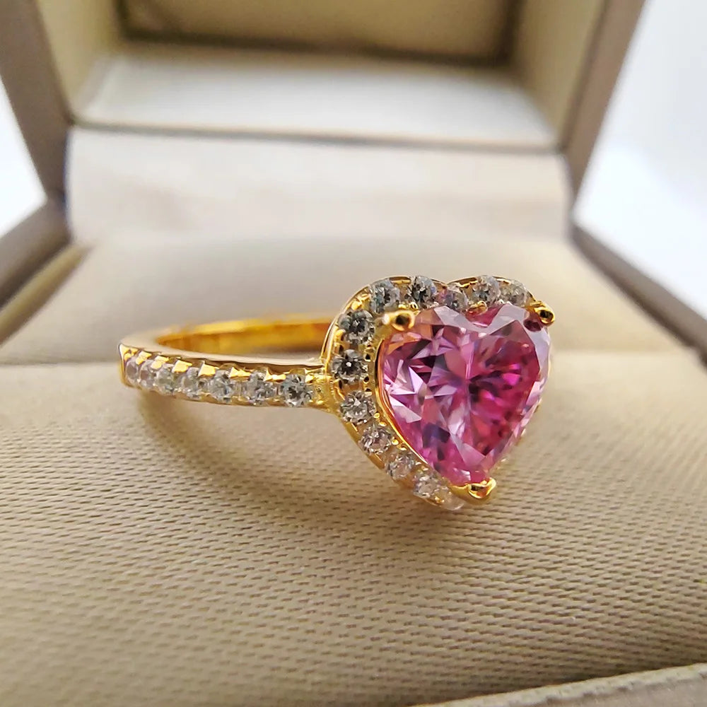 Heart Shaped Gold Ring Pink Moissanite 2CT 8MM with Certificate 100%-S925 Women's Women's Jewelry Wedding Party Gift