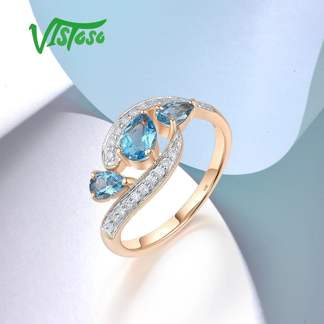 Genuine 14K 585 Rose Gold Ring For Women Sparkling Diamond Blue Topaz Engagement Wedding Delicated Grand Fine Jewelry