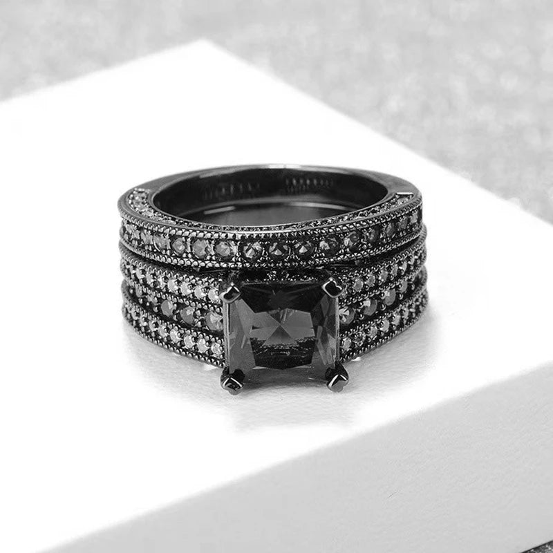 Couple Lovers Rings Women's Black Zircon Engagement Ring Set Men's Stainless Steel Wedding Band Anniversary Gift
