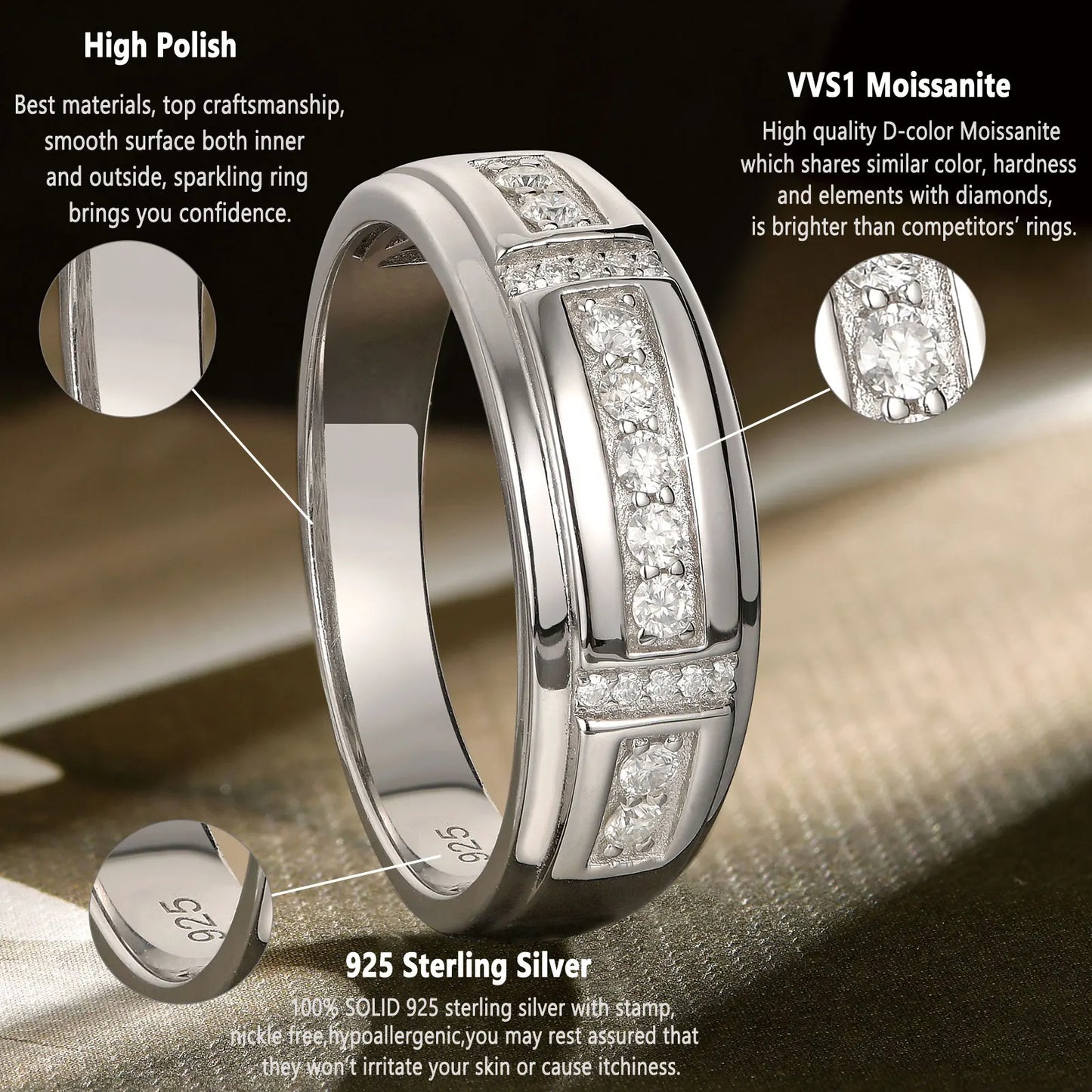 Elegant Mens Wedding Band 925 Sterling Silver Moissanite Rings for Him Half Eternity Round Engagement Ring