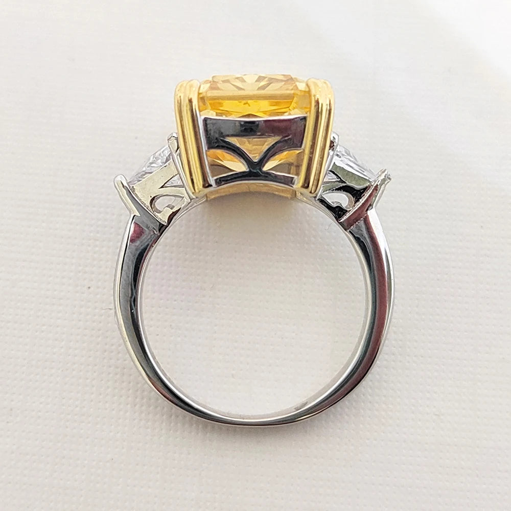 Luxury 10x14MM Rectangular Yellow High Carbon Diamond Ring Women 10ct Ice Cut Ring Wedding Jewelry 100% S925 Silver Gold-Plated
