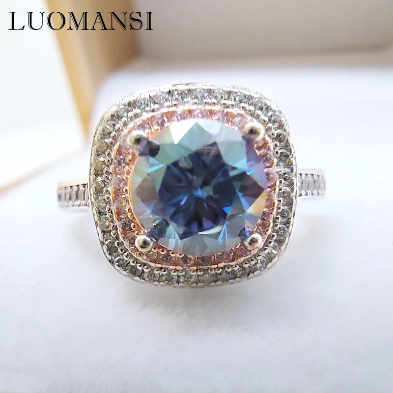 Around Diamond S925 Silver Jewelry Ring 1 Carat Moissanite Blue Pink Green Yellow Pass Diamond Test Wedding Party Gift
