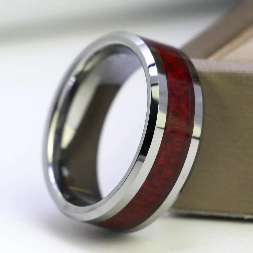 Fashion Couple Rings Women Heart White Crystal CZ Rings Set Men's Red Wood Inlay Stainless Steel Ring Wedding Band Jewelry Gifts