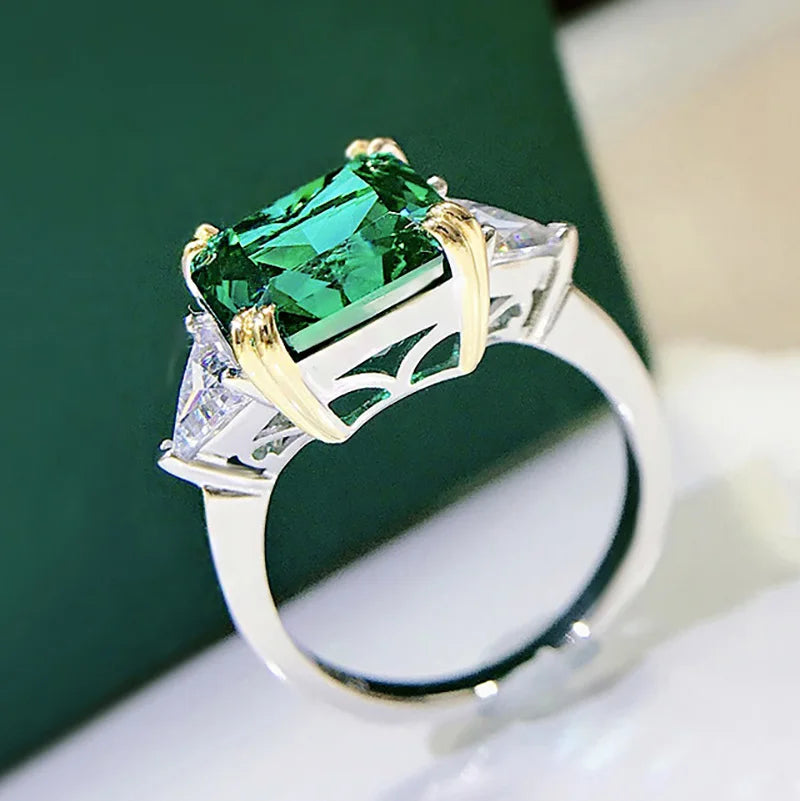 Square Emerald Diamond Ring 100%-S925 Silver Jewelry Wedding Cocktail Party Woman Gift