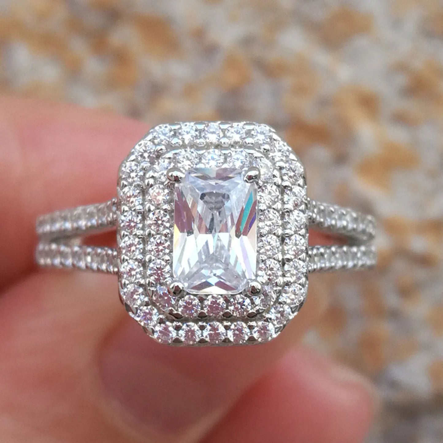 Solid 925 Silver Wedding Jewelry Double Halo Radiant Cut Engagement Bridal Rings for Women White AAAAA Cubic Zirconia