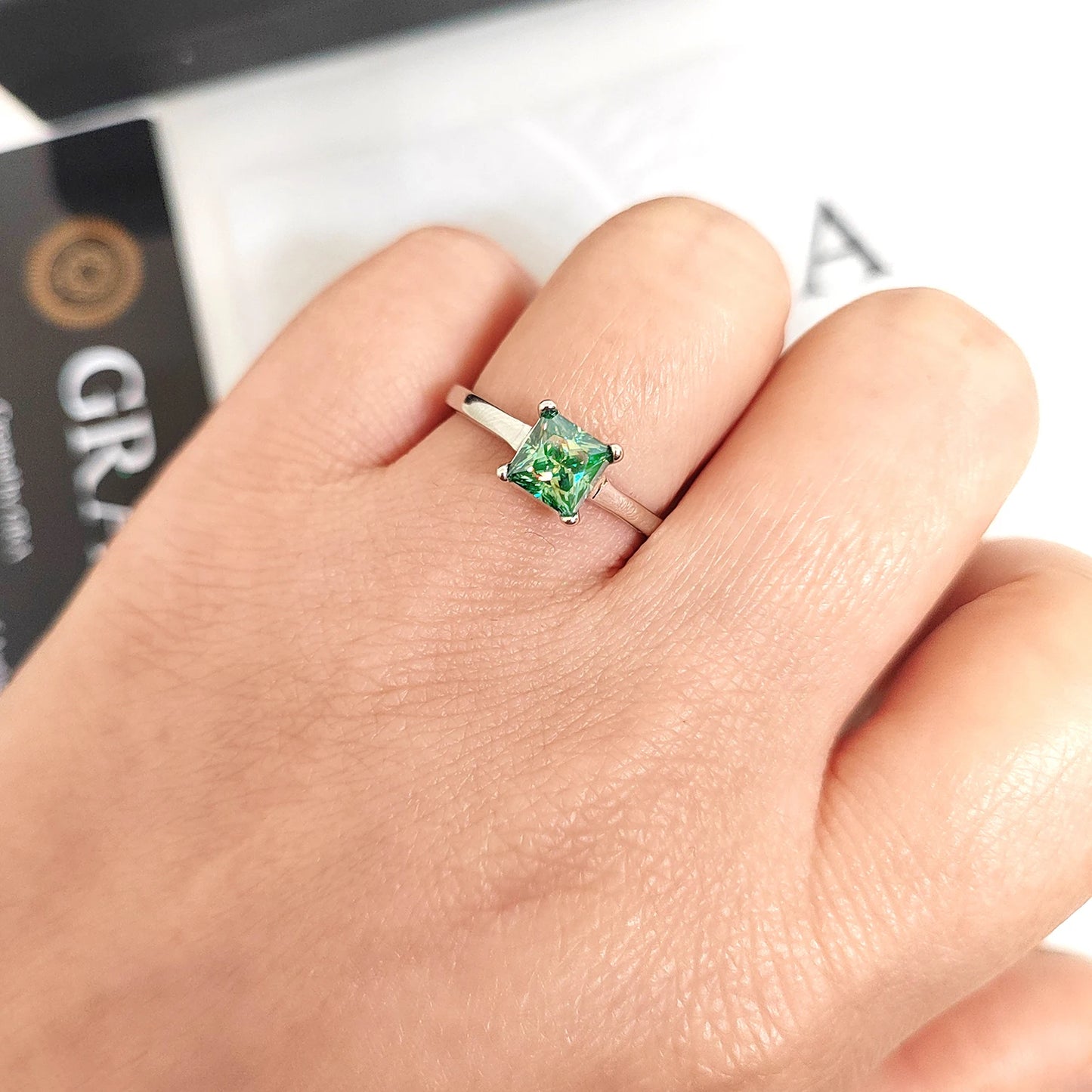 100% Genuine Teal Square Moissanite Ring for Women with Certificate Laboratory Diamond Ring Round Ring Jewelry Anniversary Gift