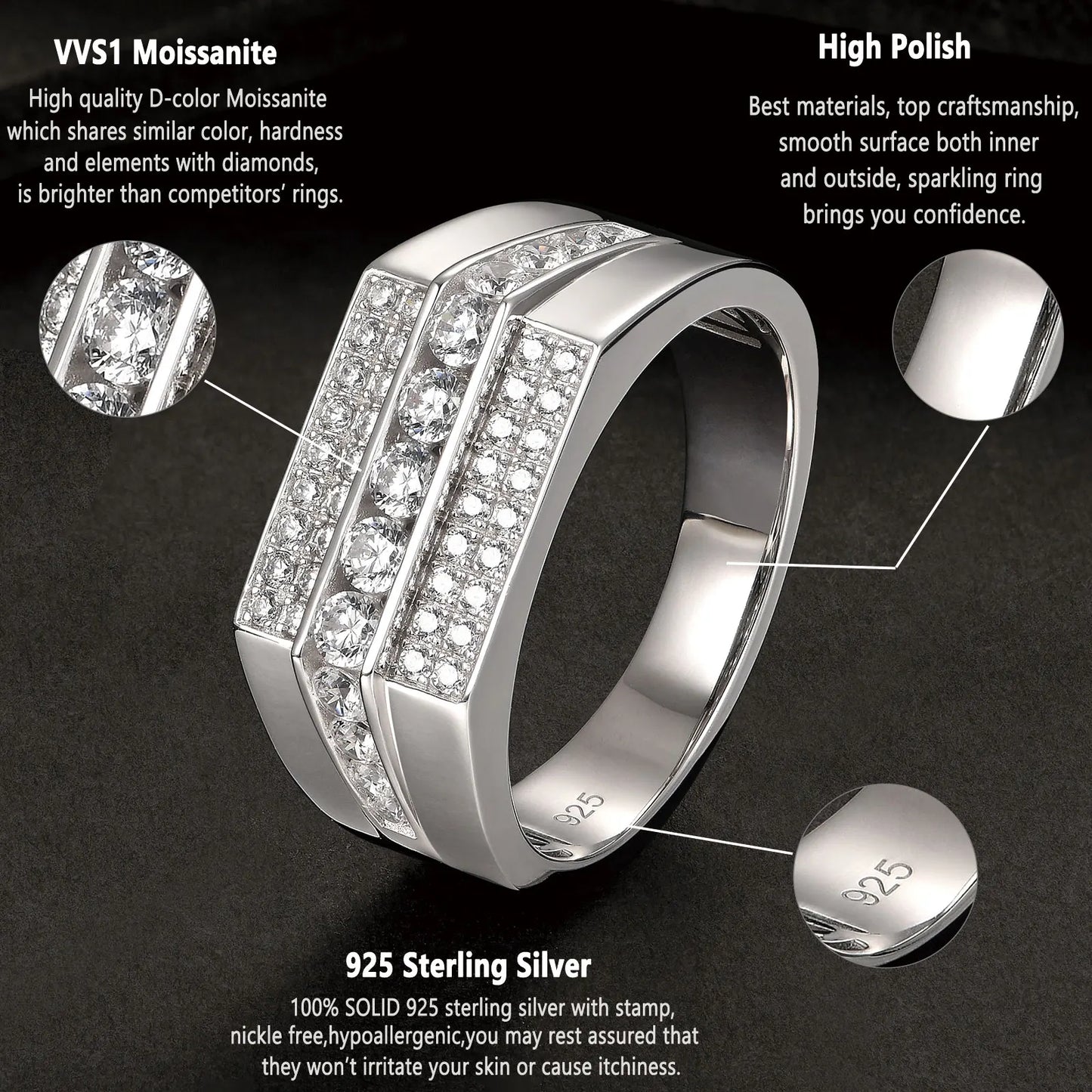 Full Moissanite Wedding Band for Men 925 Sterling Silver Engagement Rings Pave Brilliant Round Eternity Promise Ring