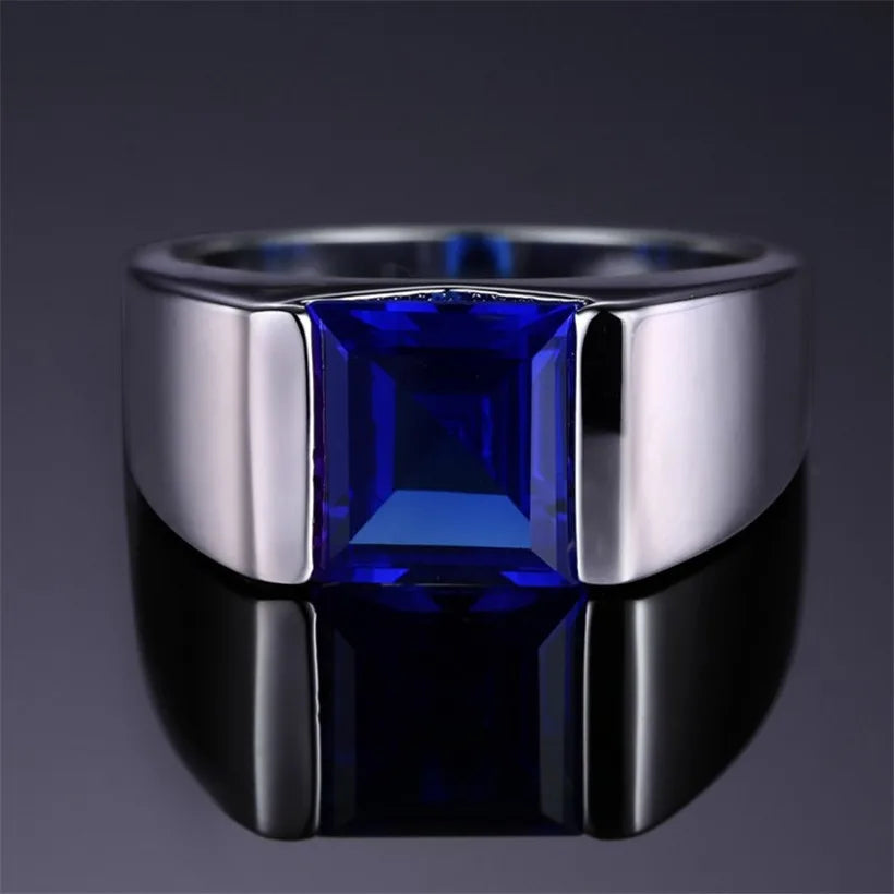 Eternity Ring for Men: 925 Sterling Silver, Square Blue Sapphire, Solitaire, Sizes 8-12 | Genuine Gemstone