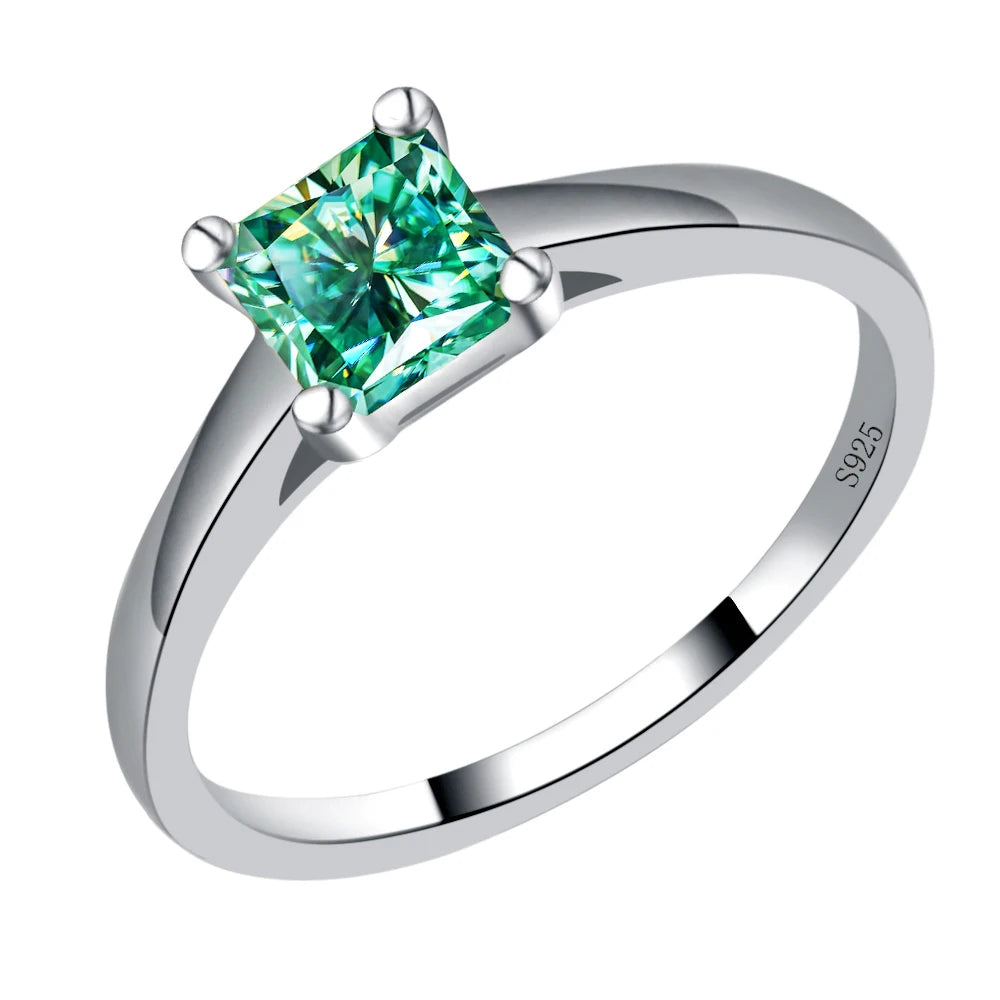 100% Genuine Teal Square Moissanite Ring for Women with Certificate Laboratory Diamond Ring Round Ring Jewelry Anniversary Gift