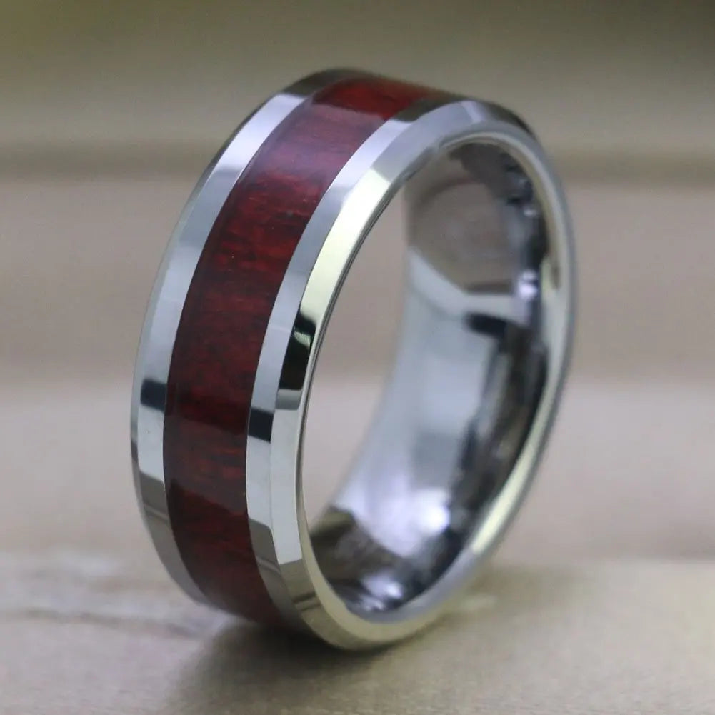 Fashion Couple Rings Women Heart White Crystal CZ Rings Set Men's Red Wood Inlay Stainless Steel Ring Wedding Band Jewelry Gifts