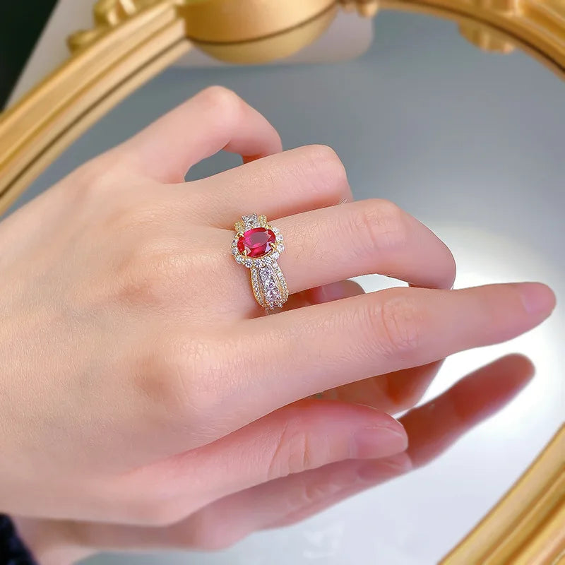 6x8MM Ruby Full Diamond Ring S925 Pure Silver Jewelry Wedding Engagement Party Anniversary Birthday Gift