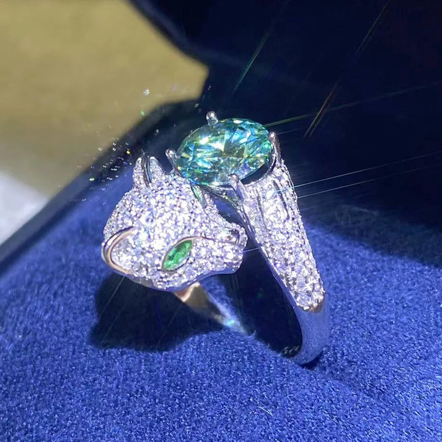 2CT Green Moissanite Leopard Ring with Certificate 100% - S925 Sterling Silver Women's Jewelry Anniversary Gift