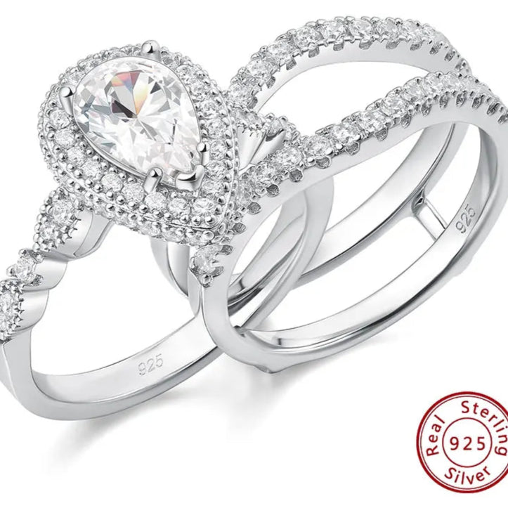 2 Pieces 925 Sterling Silver Engagement Ring Enhancer Wedding Band for Women Pear Cut AAAAA Zircon Jewelry Size 4-13