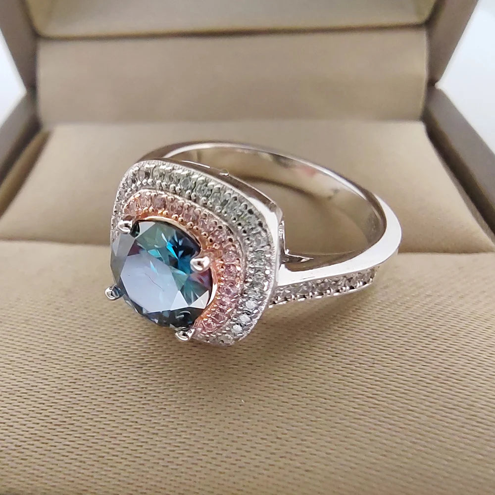 Around Diamond S925 Silver Jewelry Ring 1 Carat Moissanite Blue Pink Green Yellow Pass Diamond Test Wedding Party Gift