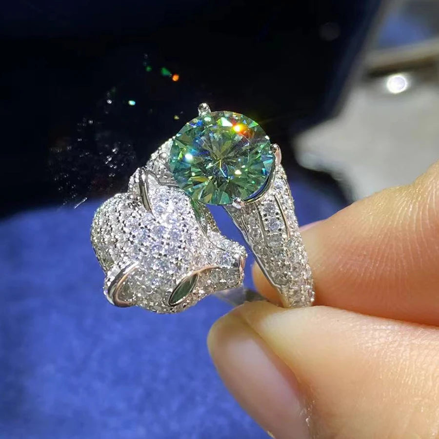 2CT Green Moissanite Leopard Ring with Certificate 100% - S925 Sterling Silver Women's Jewelry Anniversary Gift