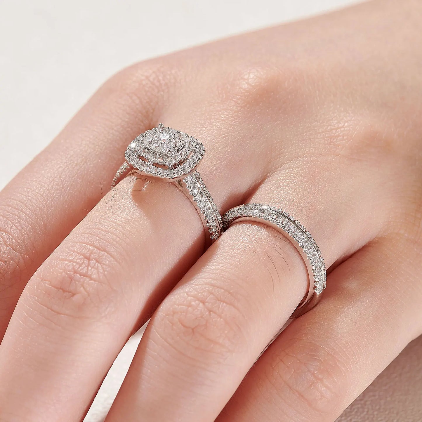 2Pcs Wedding Rings for Women Solid 925 Sterling Silver Engagement Ring Bridal Set 1.6Ct Halo Round Cut AAAAA Zircon