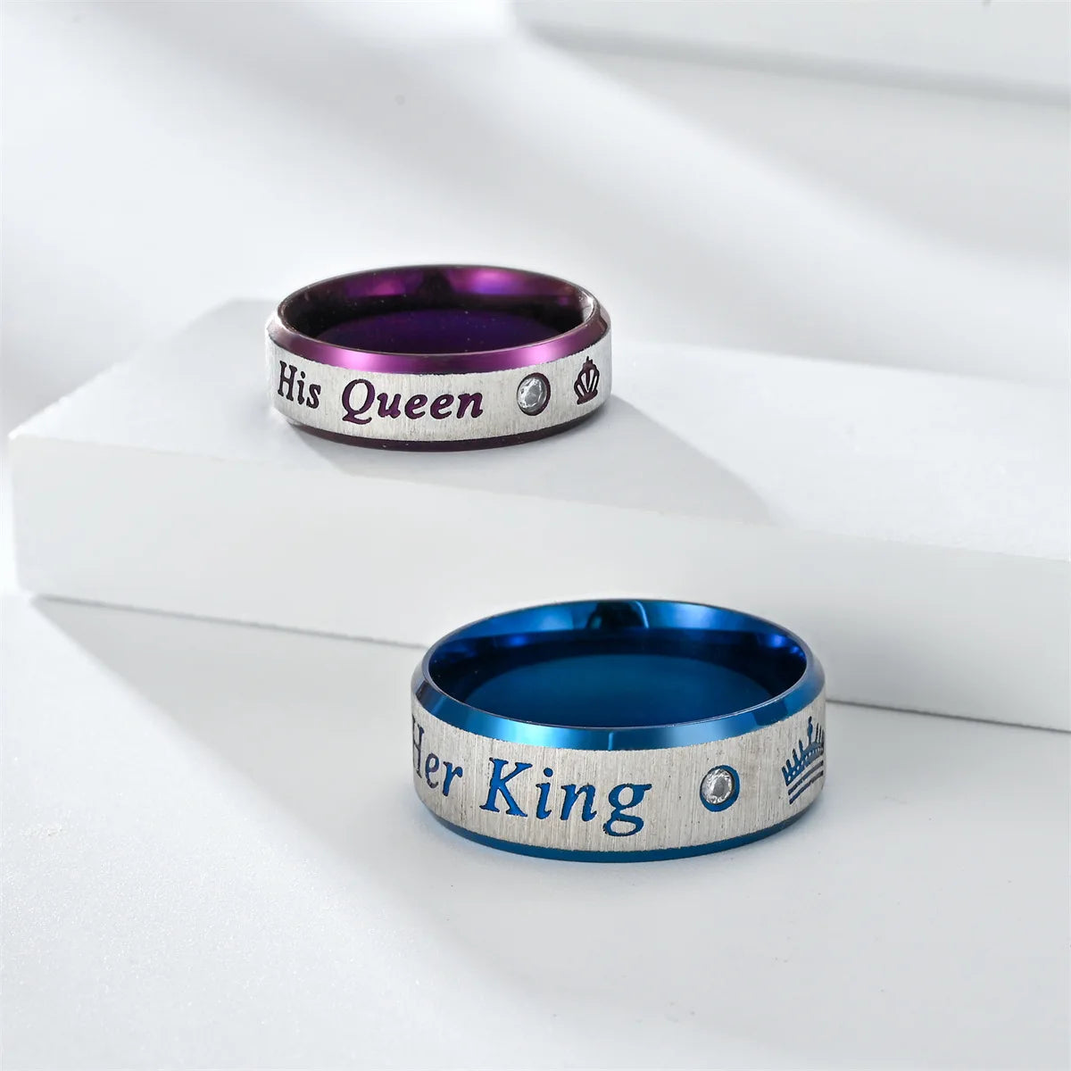Stainless Steel Couple Rings Her King His Queen Promise Rings For Men Women With Zircon Anniversary Wedding Band Jewelry
