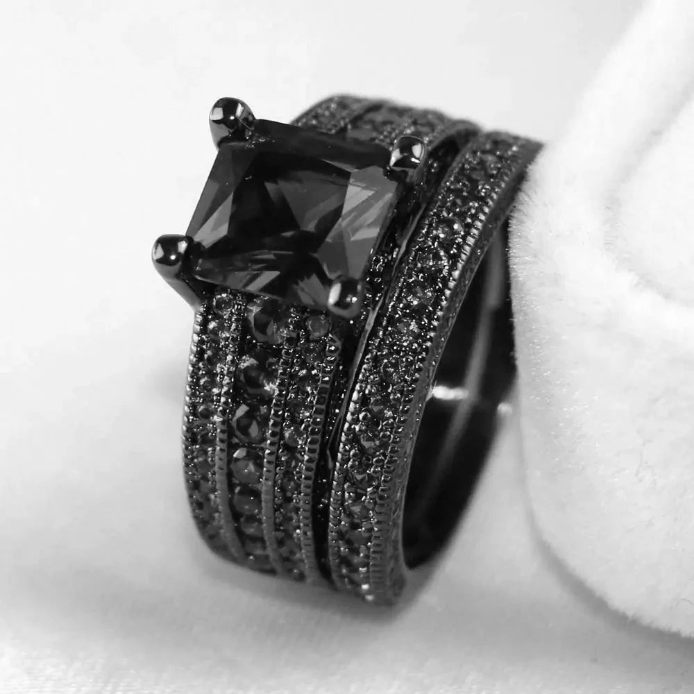 Couple Rings Romantic Women Black Rhinestones CZ Rings Set Trendy Men Stainless Steel Ring Wedding Band Jewelry Gifts