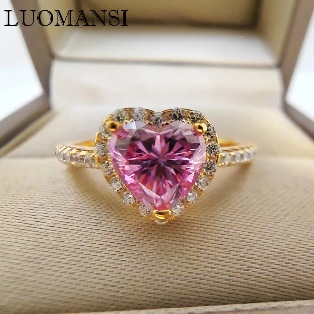 Heart Shaped Gold Ring Pink Moissanite 2CT 8MM with Certificate 100%-S925 Women's Women's Jewelry Wedding Party Gift