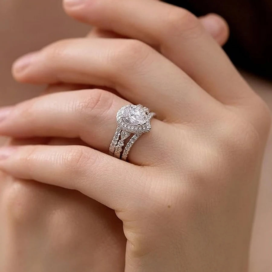 2 Pieces 925 Sterling Silver Engagement Ring Enhancer Wedding Band for Women Pear Cut AAAAA Zircon Jewelry Size 4-13