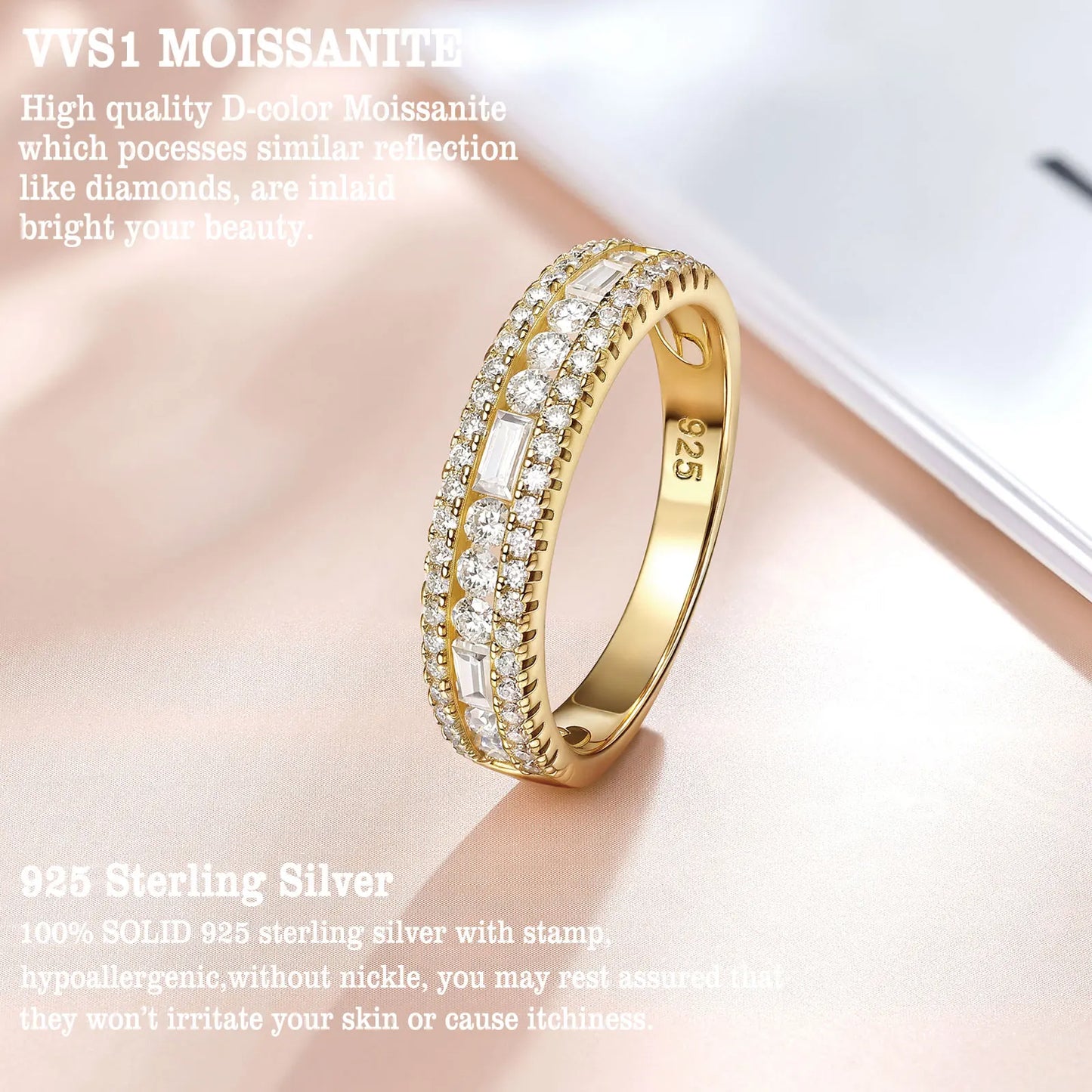 Moissanite Wedding Bands for Women Wide 925 Sterling Silver Promise Engagement Rings Round Emerald Cut Simulated Diamond
