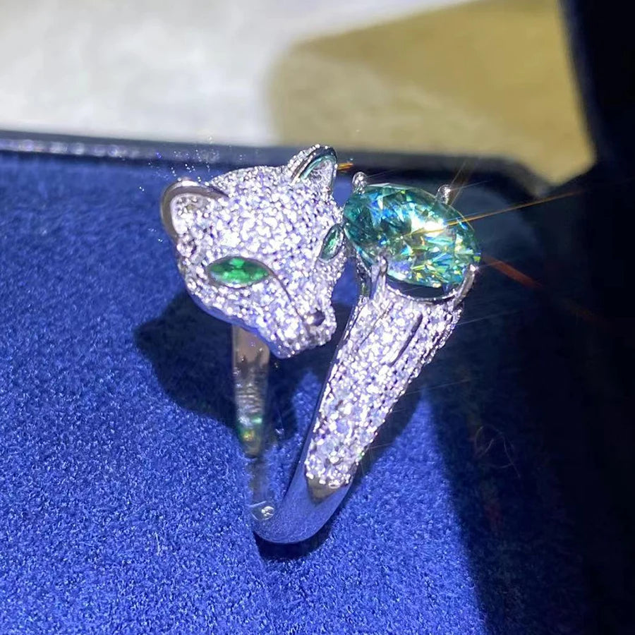 2CT Green Moissanite Leopard Ring with Certificate 100% - S925 Sterling Silver Women's Jewelry Anniversary Gift