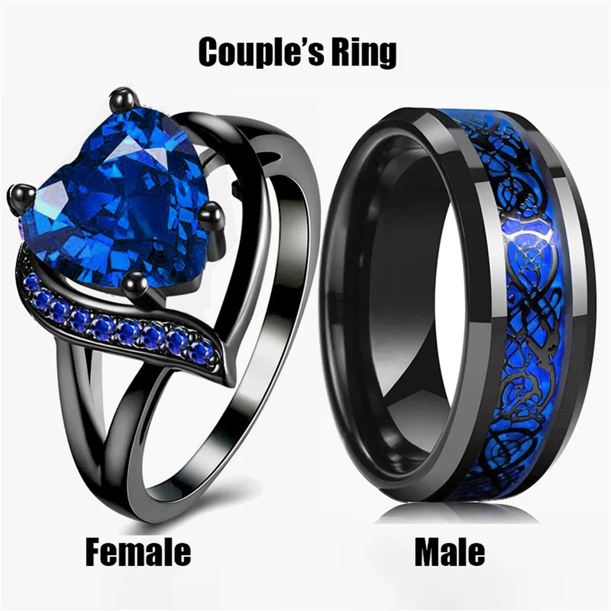 Couple Rings Romantic Women Heart Blue Rhinestones Zircon Ring Men Stainless Steel Celtic Dragon Ring Wedding Jewelry