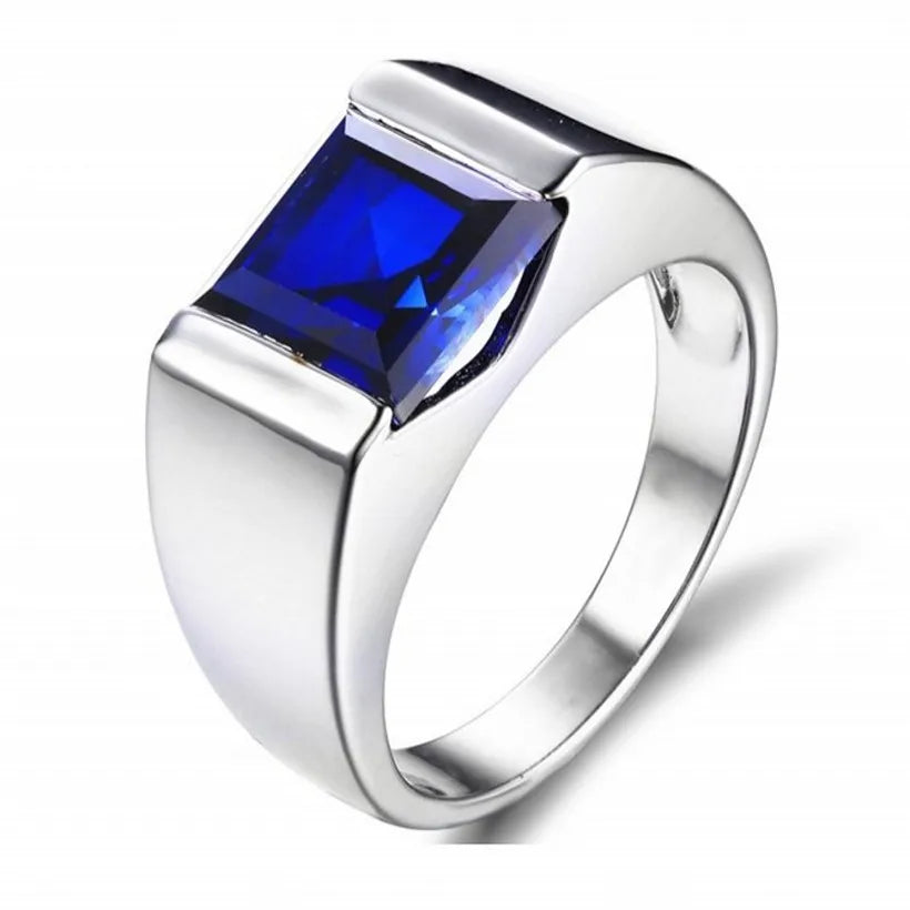 Eternity Ring for Men: 925 Sterling Silver, Square Blue Sapphire, Solitaire, Sizes 8-12 | Genuine Gemstone