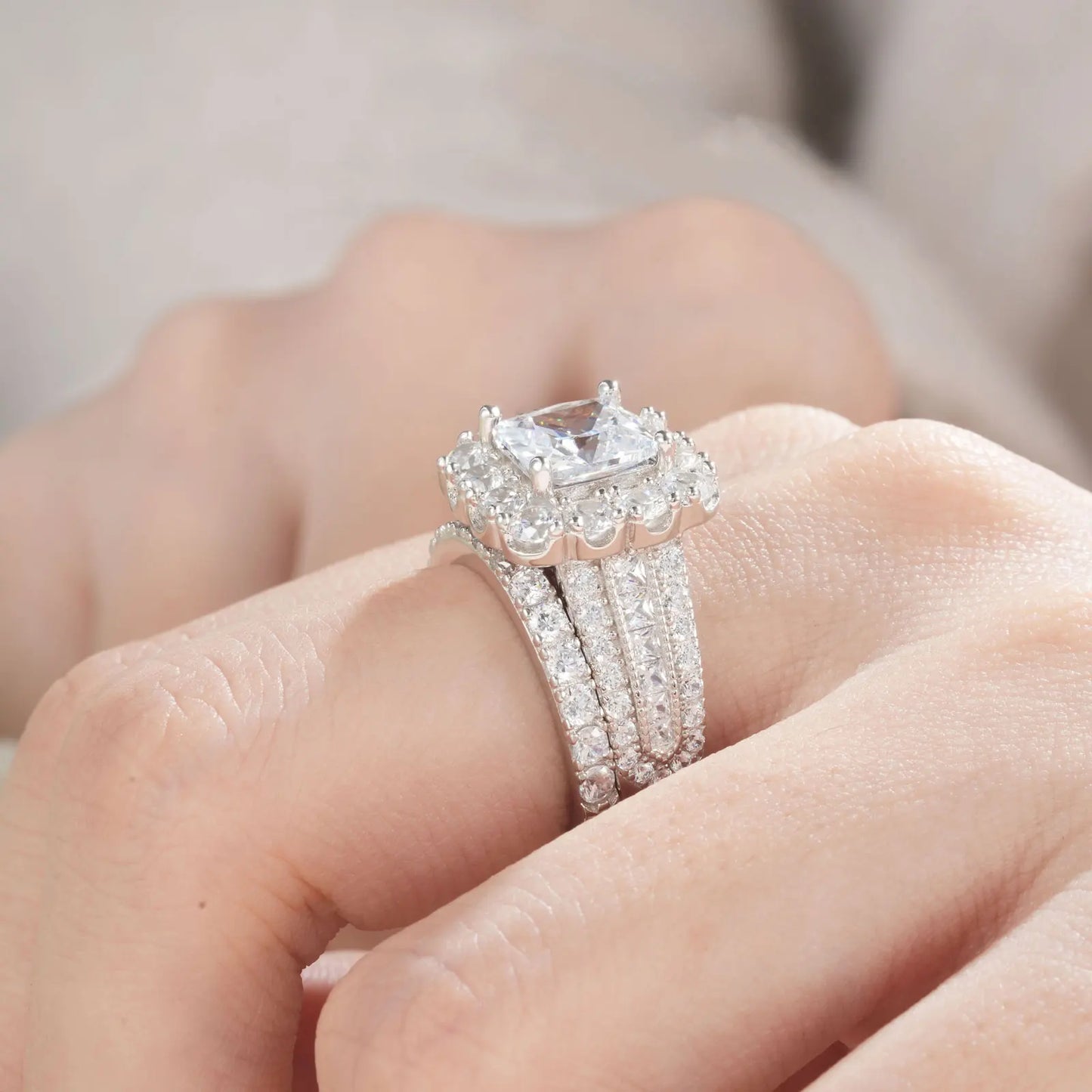 Newshe 2Pcs 925 Silver Wedding Rings Set for Women Halo Princess Cut White Cubic Zircon Vintage Luxury Jewelry Engagement Ring