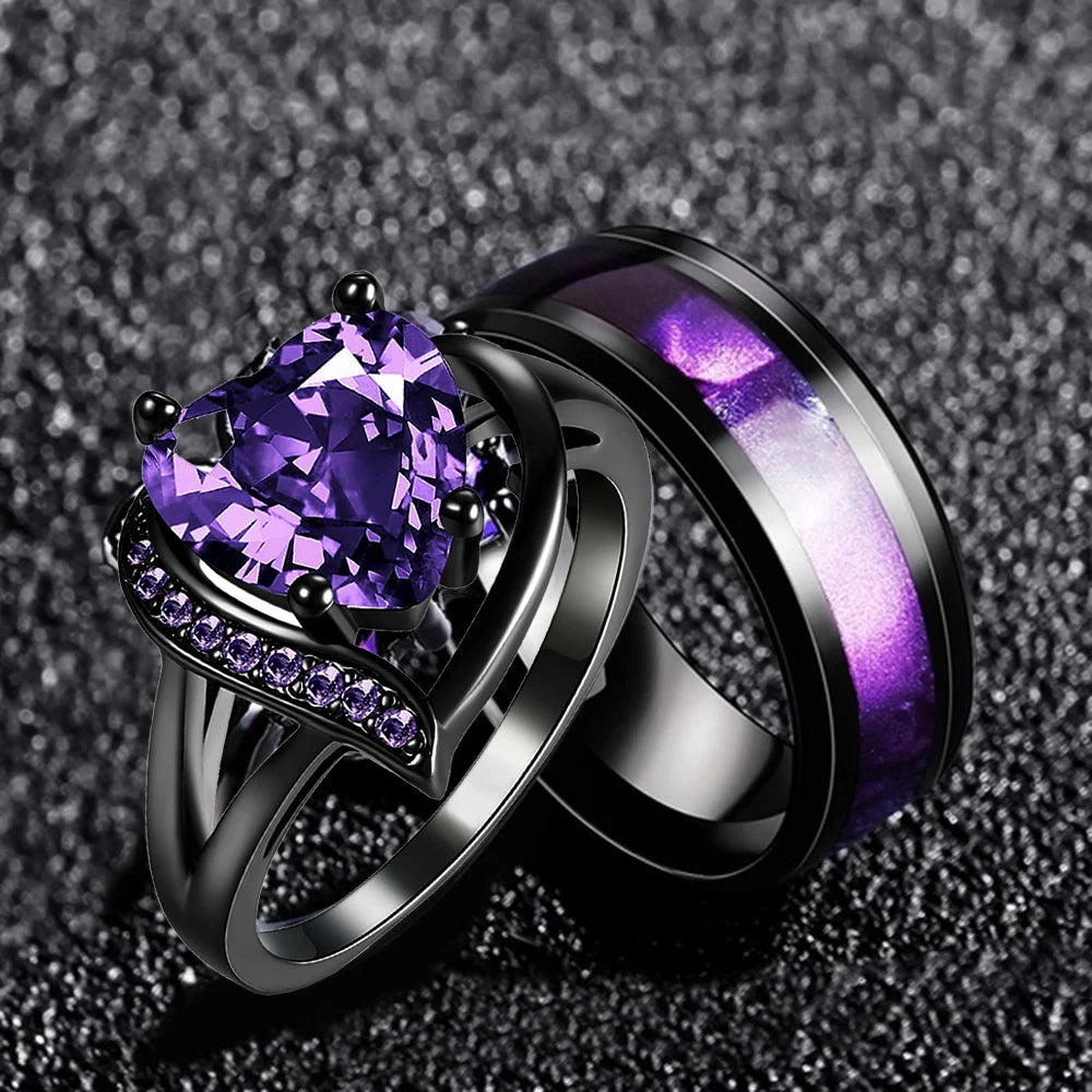 Couple Rings Romantic Women Heart Purple Rhinestones Zircon Ring Trendy Men Stainless Steel Rings Wedding Band Jewelry