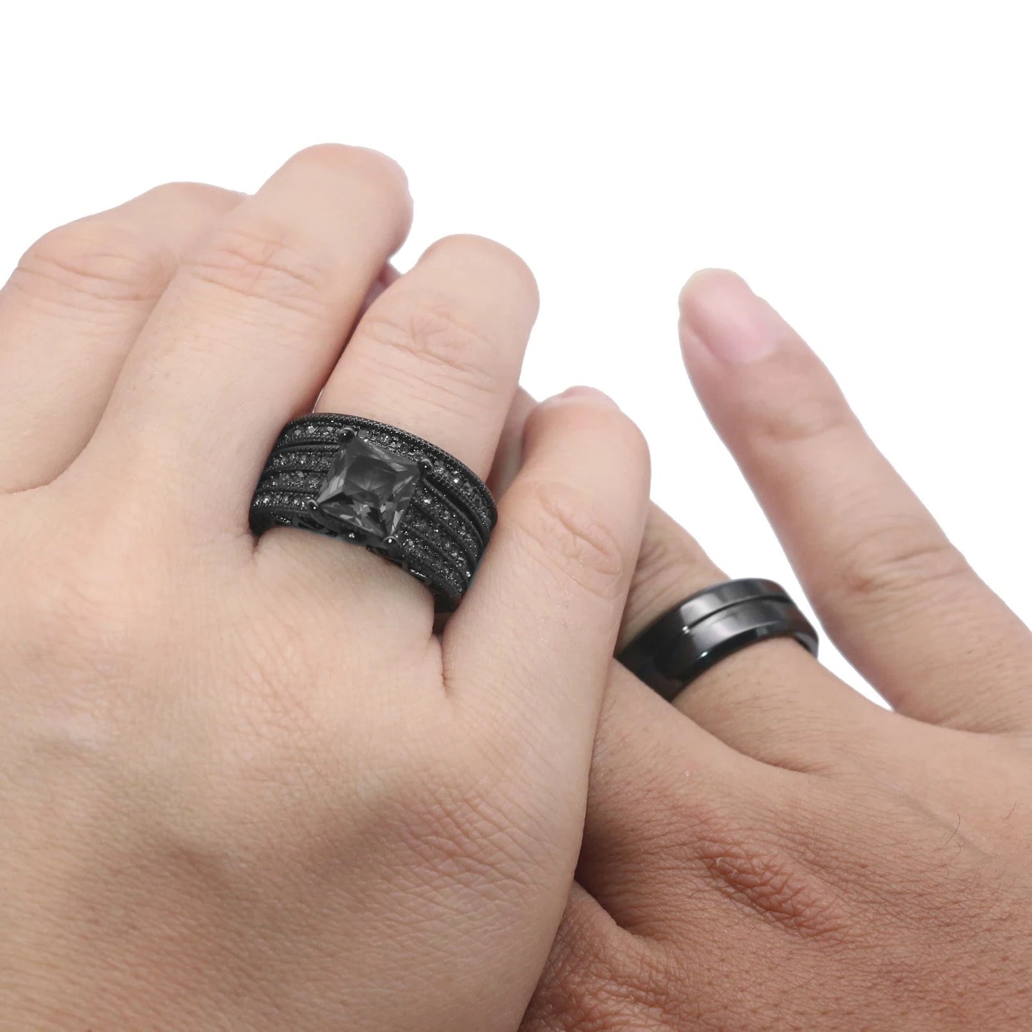 Couple Rings Romantic Women Black Rhinestones CZ Rings Set Trendy Men Stainless Steel Ring Wedding Band Jewelry Gifts