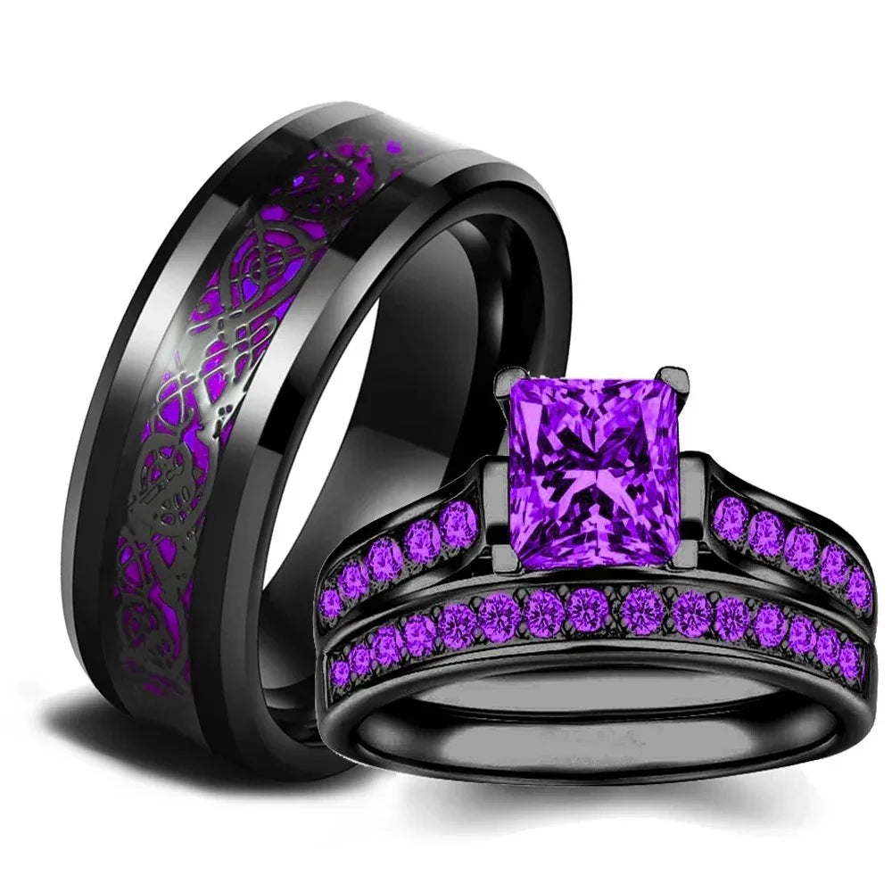 Charm Couple Rings Romantic Women Purple Rhinestones CZ Rings Set Trendy Men Stainless Steel Celtic Dragon Ring Wedding Jewelry