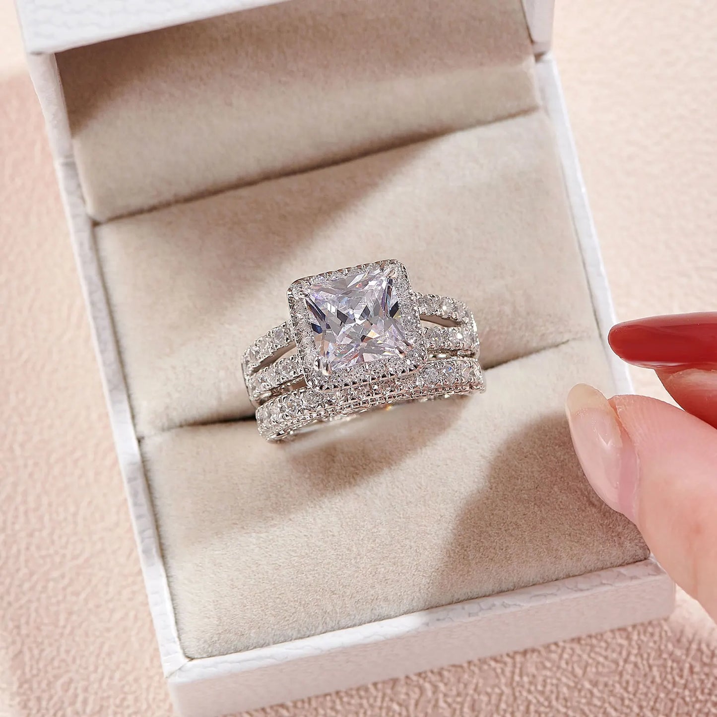 Vintage Wedding Rings for Women Solid 925 Sterling Silver 4Ct Princess Cut 5A Cubic Zircon 2Pcs Bridal Set Fine Jewelry