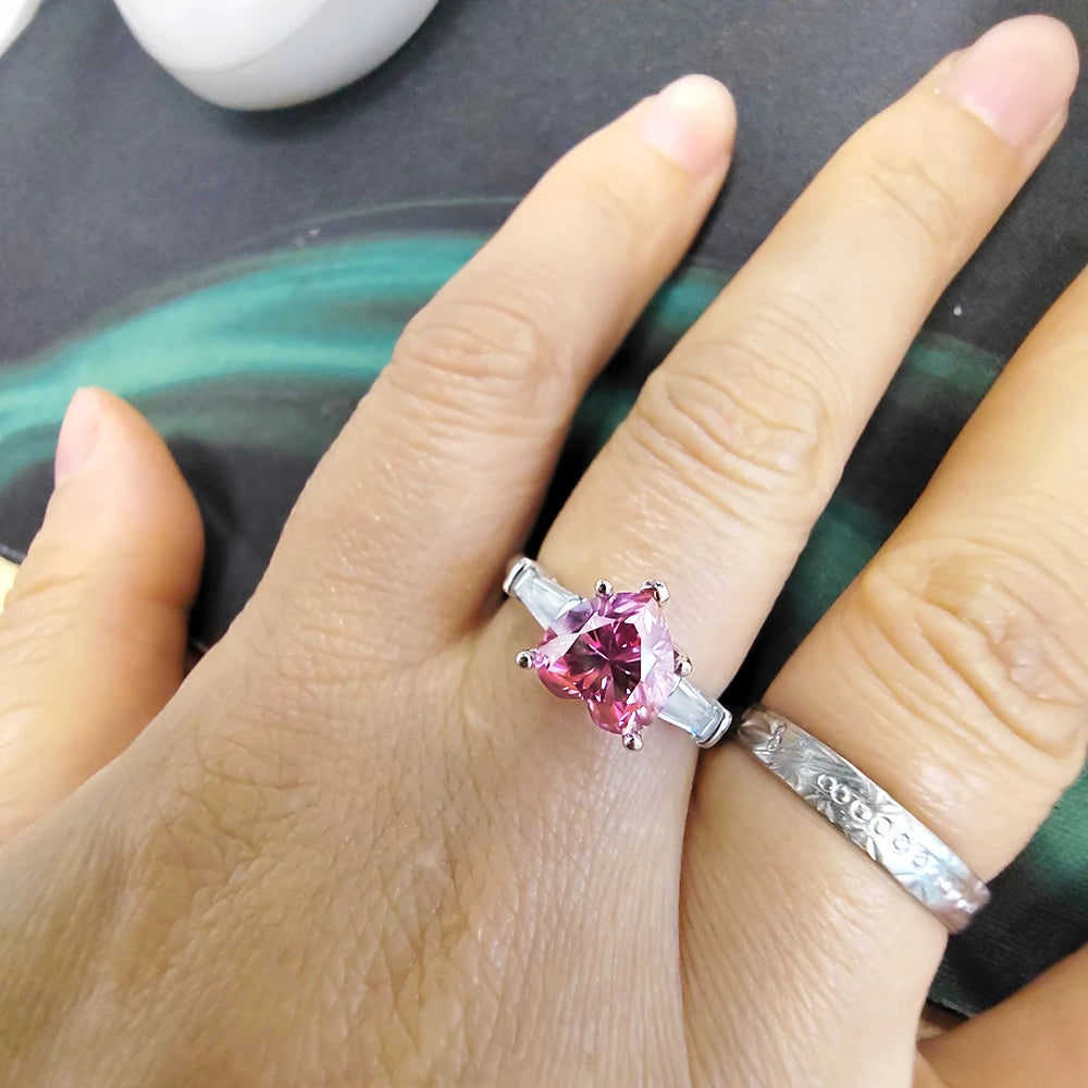 Luomansi S925 Romantic Heart Ring 1CT Pink Moissanite with Certificate Senior Female Jewelry Anniversary Party Gift